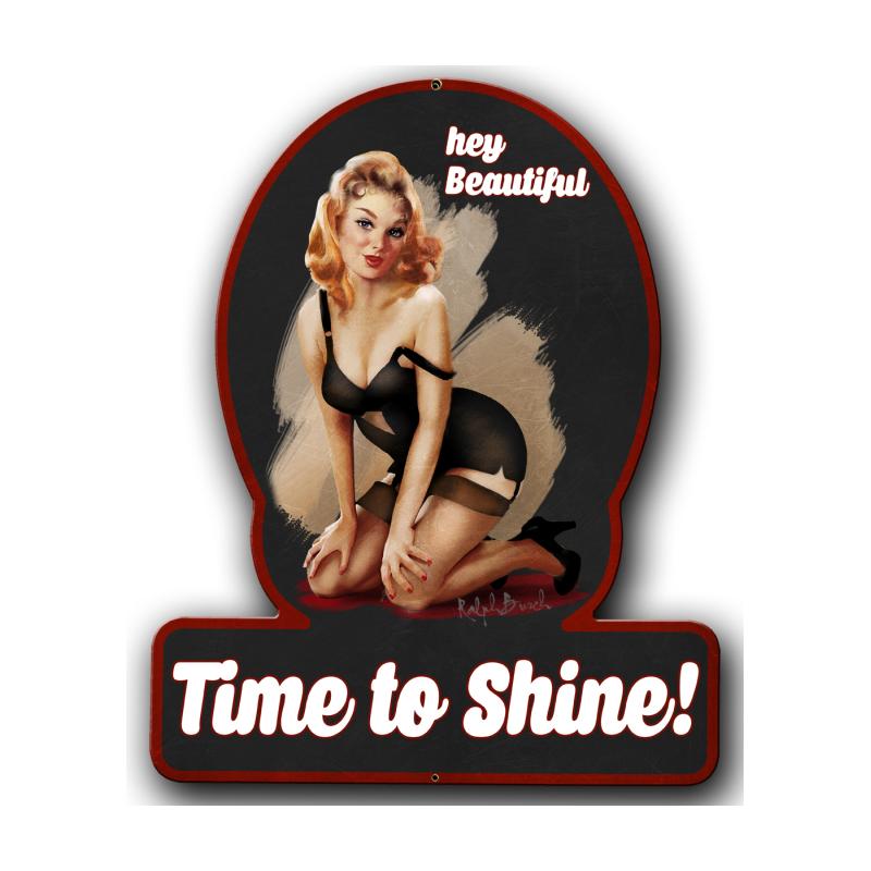 Time To Shine, Pinup Girls, Helmet Metal Sign, 13 X 16 Inches