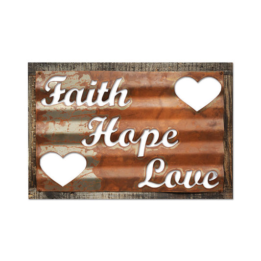 Faith Hope Love, Home and Garden, Corrugated Rustic Barn Wood Sign, 19 X 26 Inches