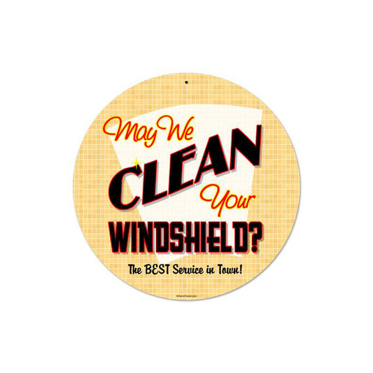 May We Clean, Automotive, Round Metal Sign, 14 X 14 Inches