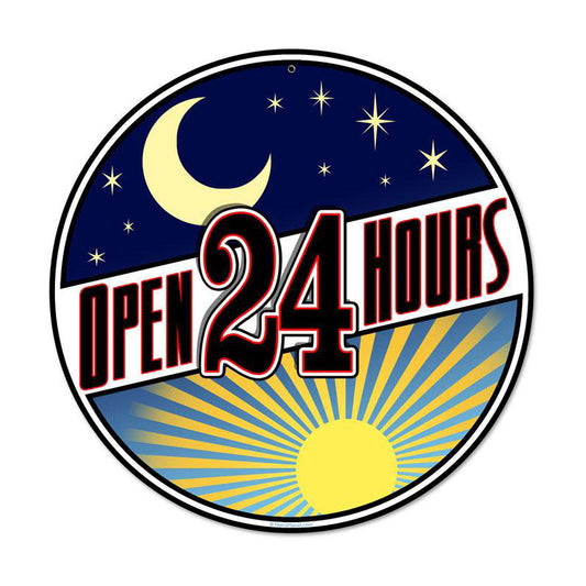 Open 24 Hours, Other, Round Metal Sign, 14 X 14 Inches