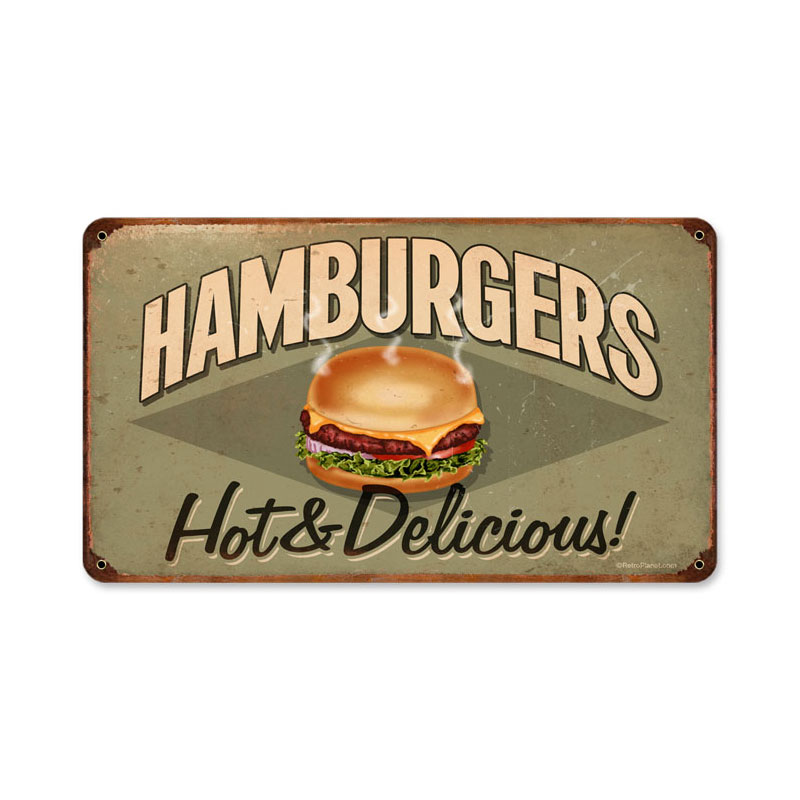 Hamburgers, Food and Drink, Vintage Metal Sign, 14 X 8 Inches