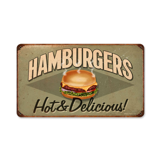 Hamburgers, Food and Drink, Vintage Metal Sign, 14 X 8 Inches