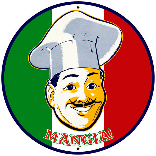 Mangia, Food and Drink, Round Metal Sign, 28 X 28 Inches