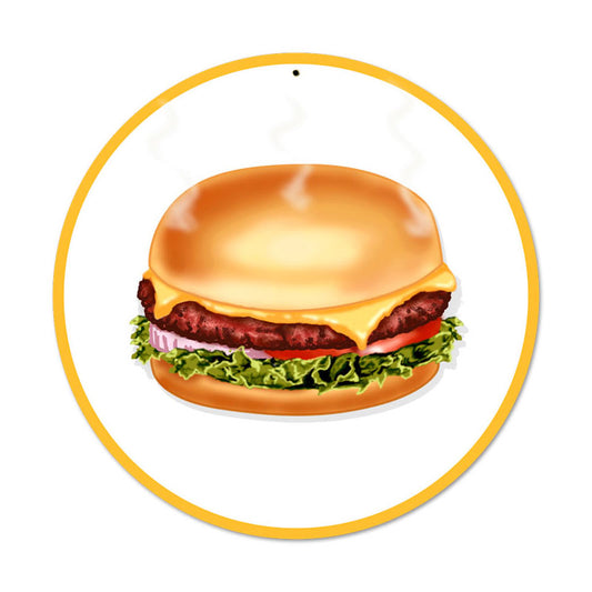 Hamburger, Food and Drink, Round Metal Sign, 14 X 14 Inches