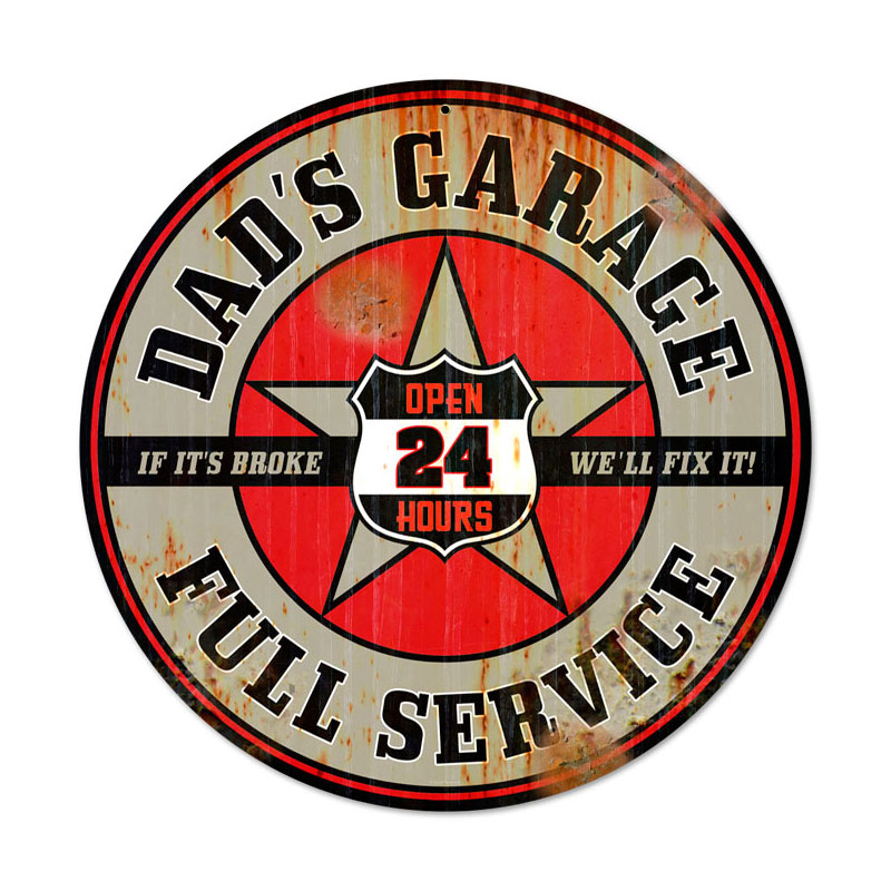 Dads Garage, Automotive, Round Metal Sign, 14 X 14 Inches