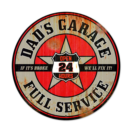 Dads Garage, Automotive, Round Metal Sign, 28 X 28 Inches