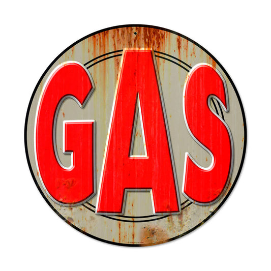 Gas, Automotive, Round Metal Sign, 14 X 14 Inches