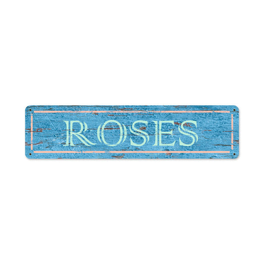 Blue Roses, Home and Garden, Vintage Metal Sign, 20 X 5 Inches