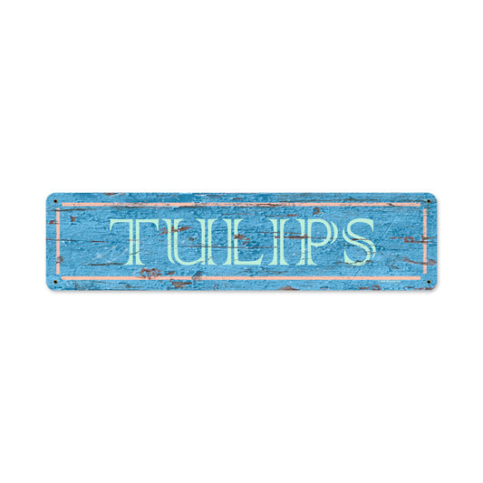 Blue Tulips, Home and Garden, Vintage Metal Sign, 20 X 5 Inches