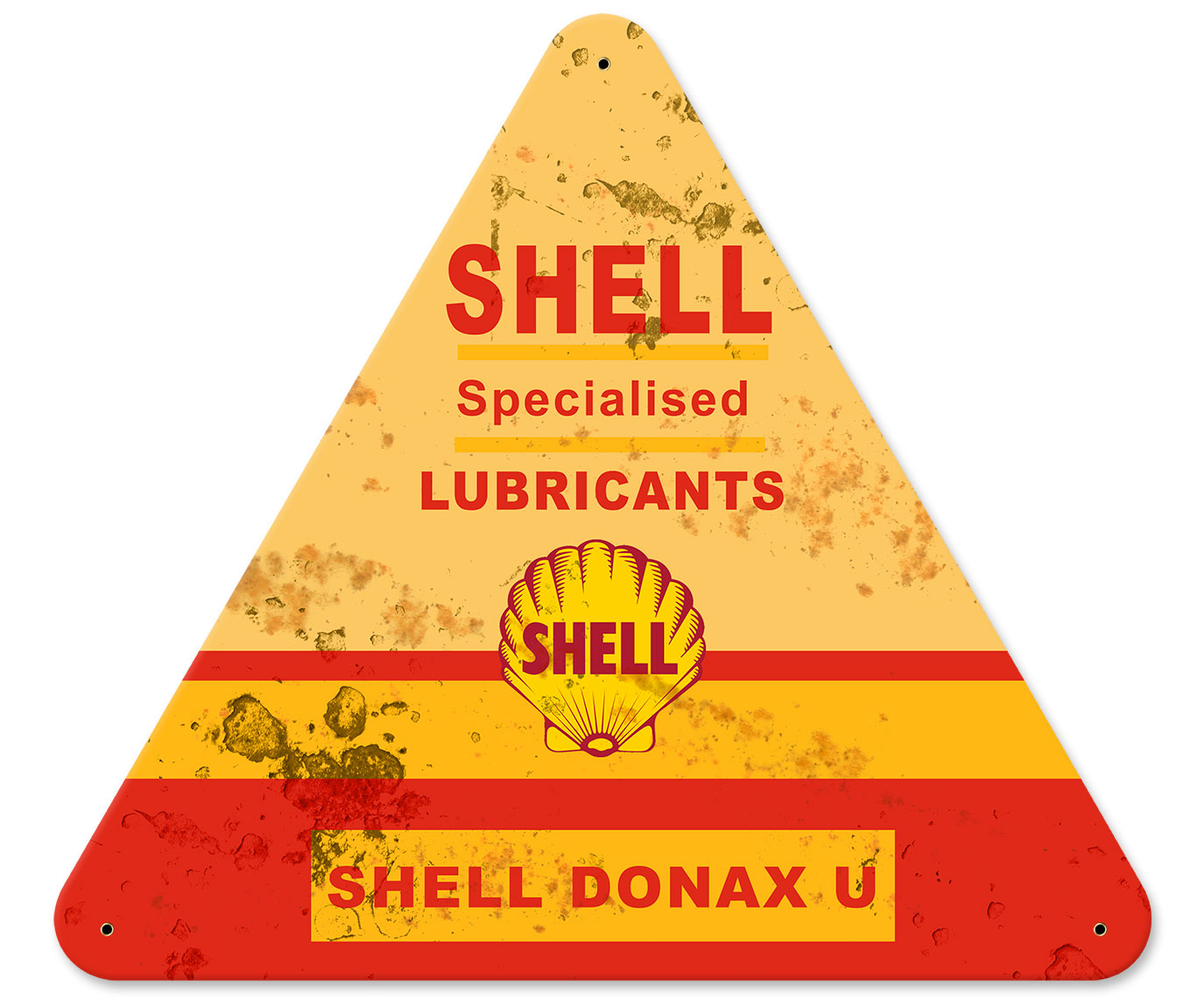 Shell Specialized Lubricants Grunge, Featured Artists/Shell, SATIN TRIANGLE METAL SIGN , 15 X 16 Inches