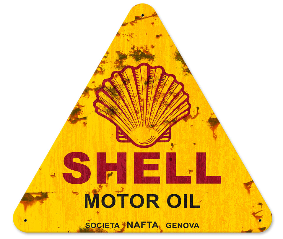Societa Nafta Genova Grunge, Featured Artists/Shell, SATIN TRIANGLE METAL SIGN , 15 X 16 Inches
