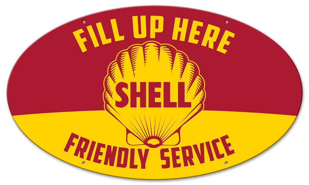 Fill Up Here Friendly Service Shell Grunge, Featured Artists/Shell, Oval, 24 X 14 Inches