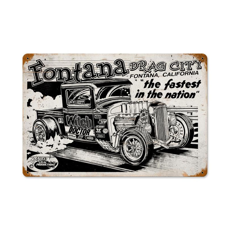 Fontana Drag City, Automotive, Vintage Metal Sign, 18 X 12 Inches
