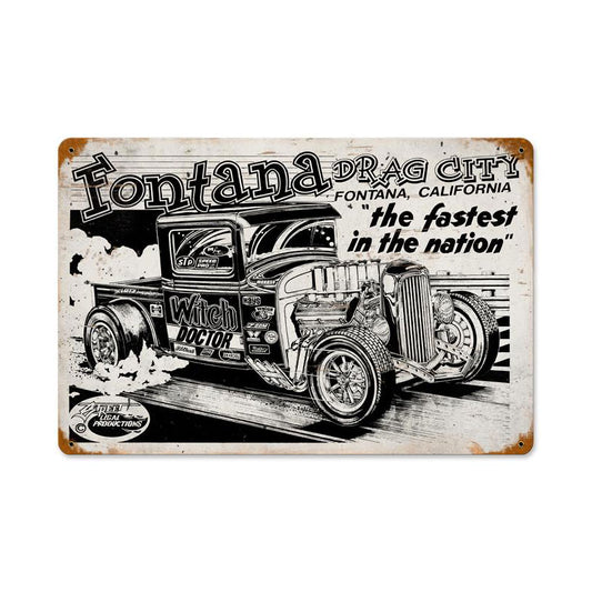 Fontana Drag City, Automotive, Vintage Metal Sign, 18 X 12 Inches