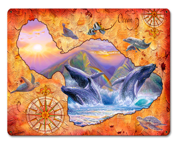 Whale Play Maui Map, Featured Artists/Steve Sundram Art, Satin, 15 X 12 Inches