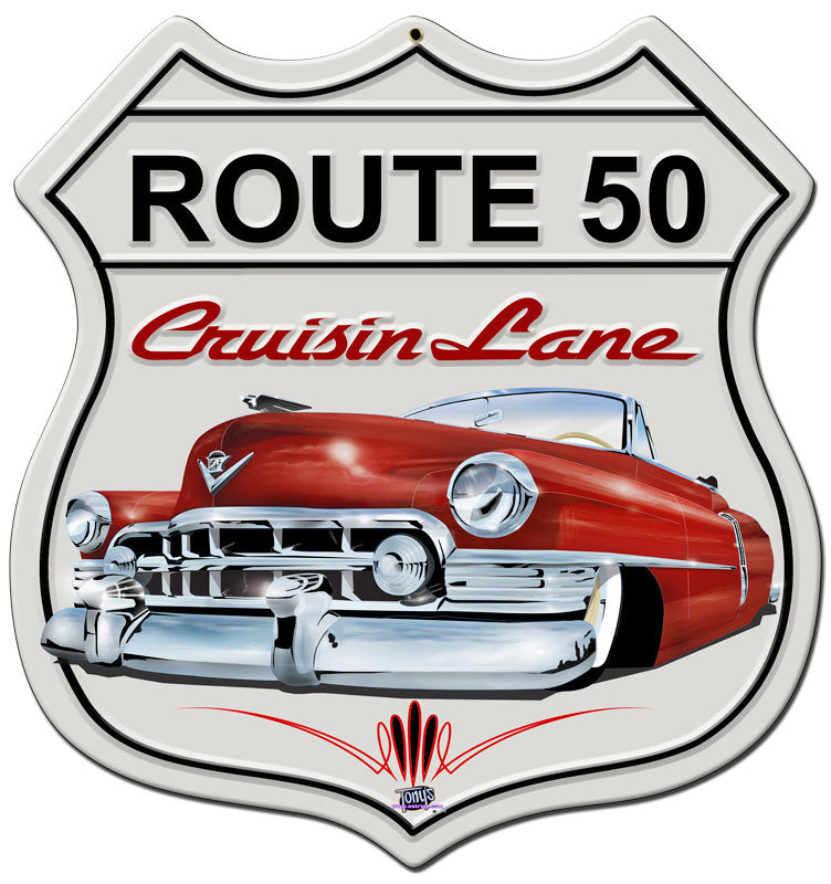 50 Cad Shield, Featured Artists/Tony's Pinstriping, SATIN SHIELD METAL SIGN , 15 X 15 Inches