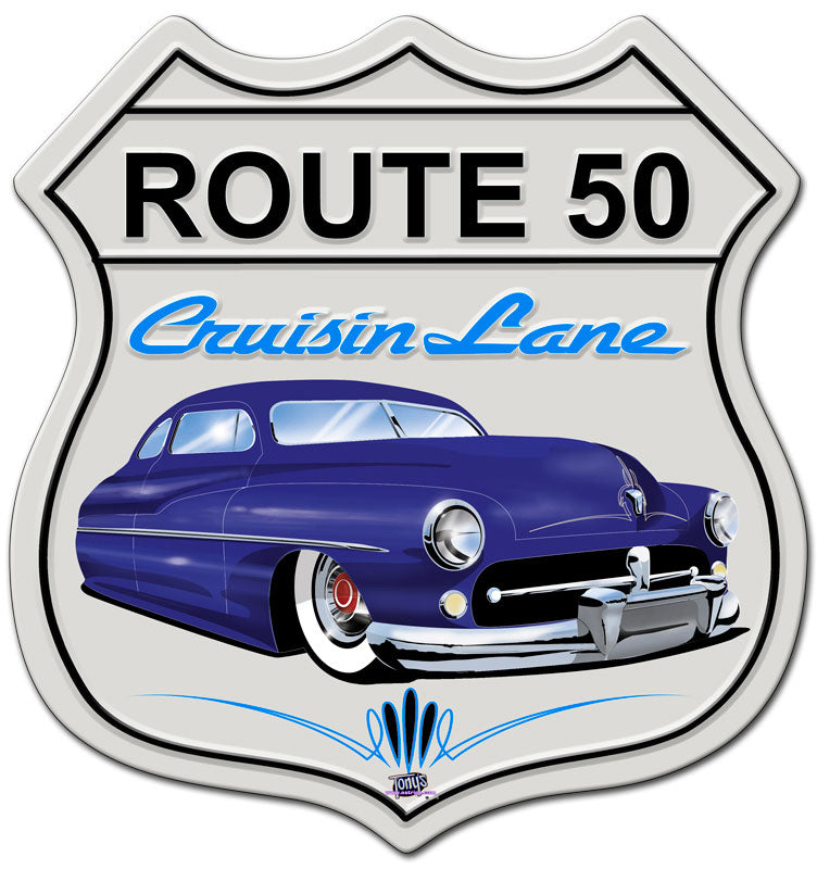 Mercury Cruisin' Route 50, Featured Artists/Tony's Pinstriping, SATIN SHIELD METAL SIGN , 15 X 15 Inches