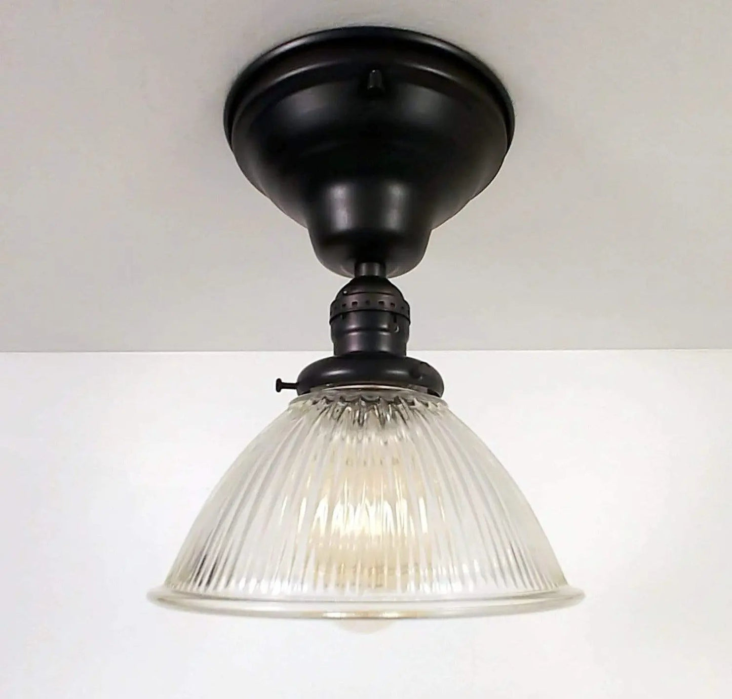 Vintage Factory Holophane Glass With Exposed Socket Light