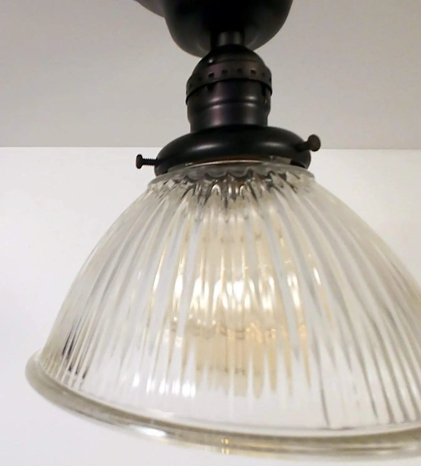 Vintage Factory Holophane Glass With Exposed Socket Light