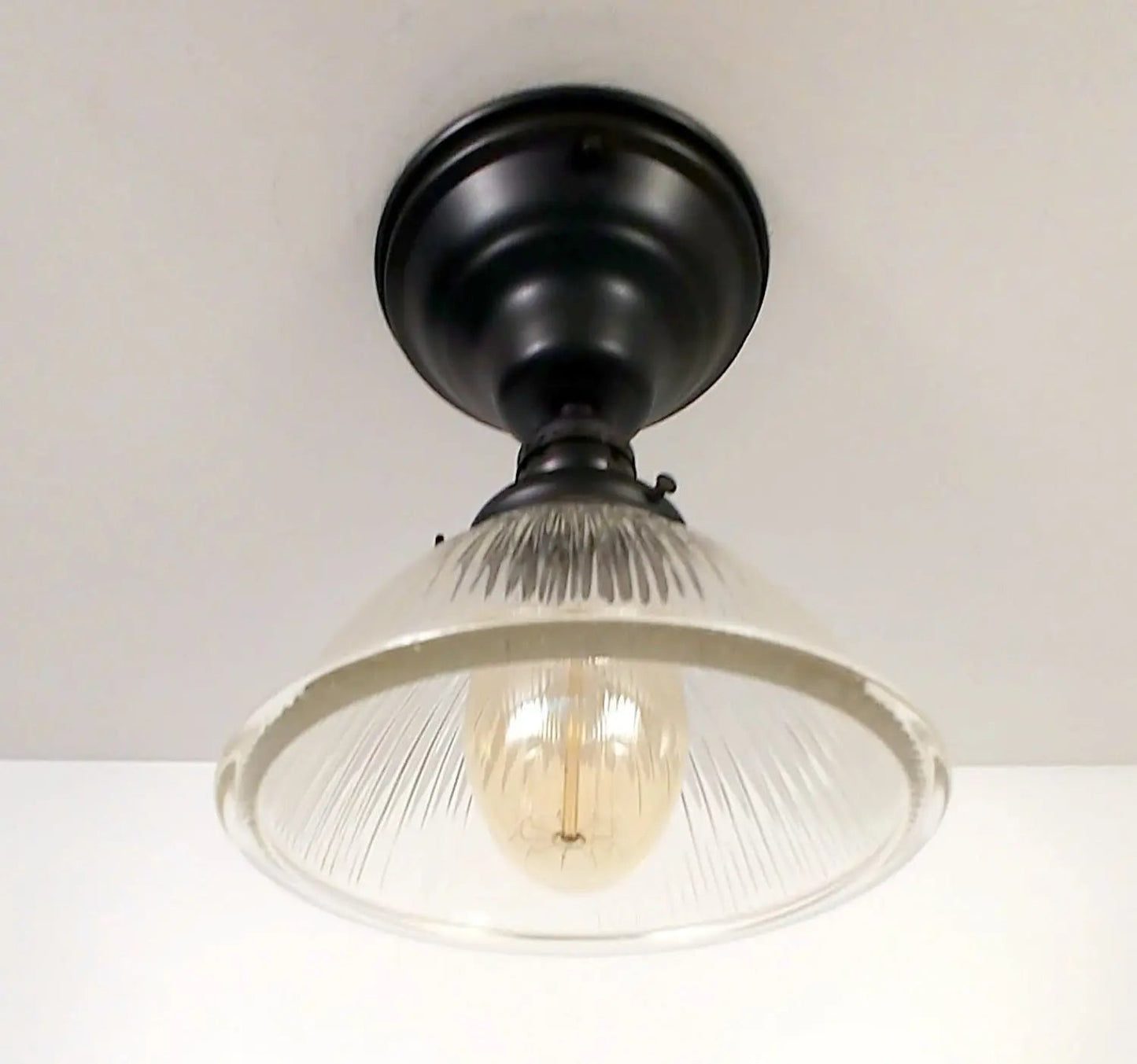 Vintage Factory Holophane Glass With Exposed Socket Light