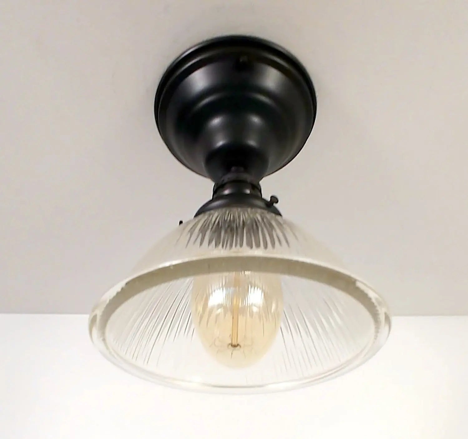 Vintage Factory Holophane Glass With Exposed Socket Light