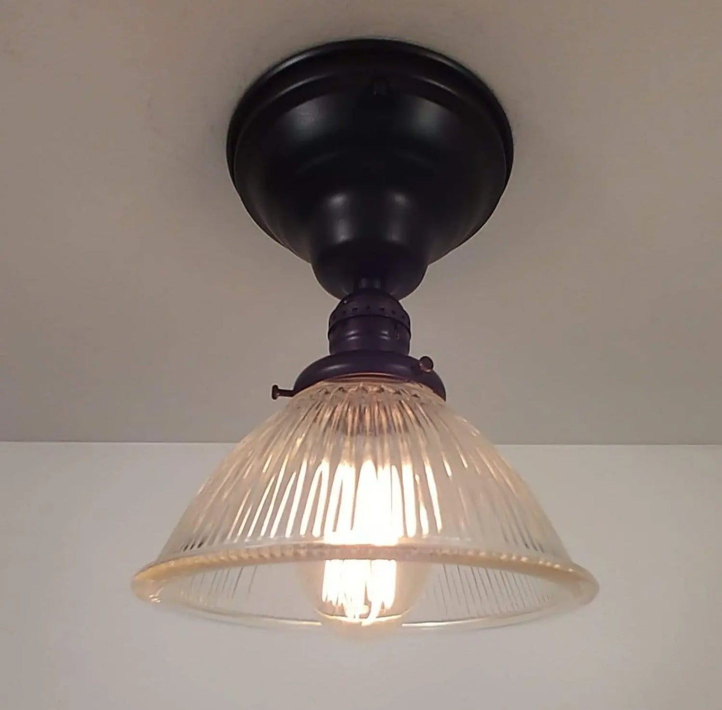 Vintage Factory Holophane Glass With Exposed Socket Light