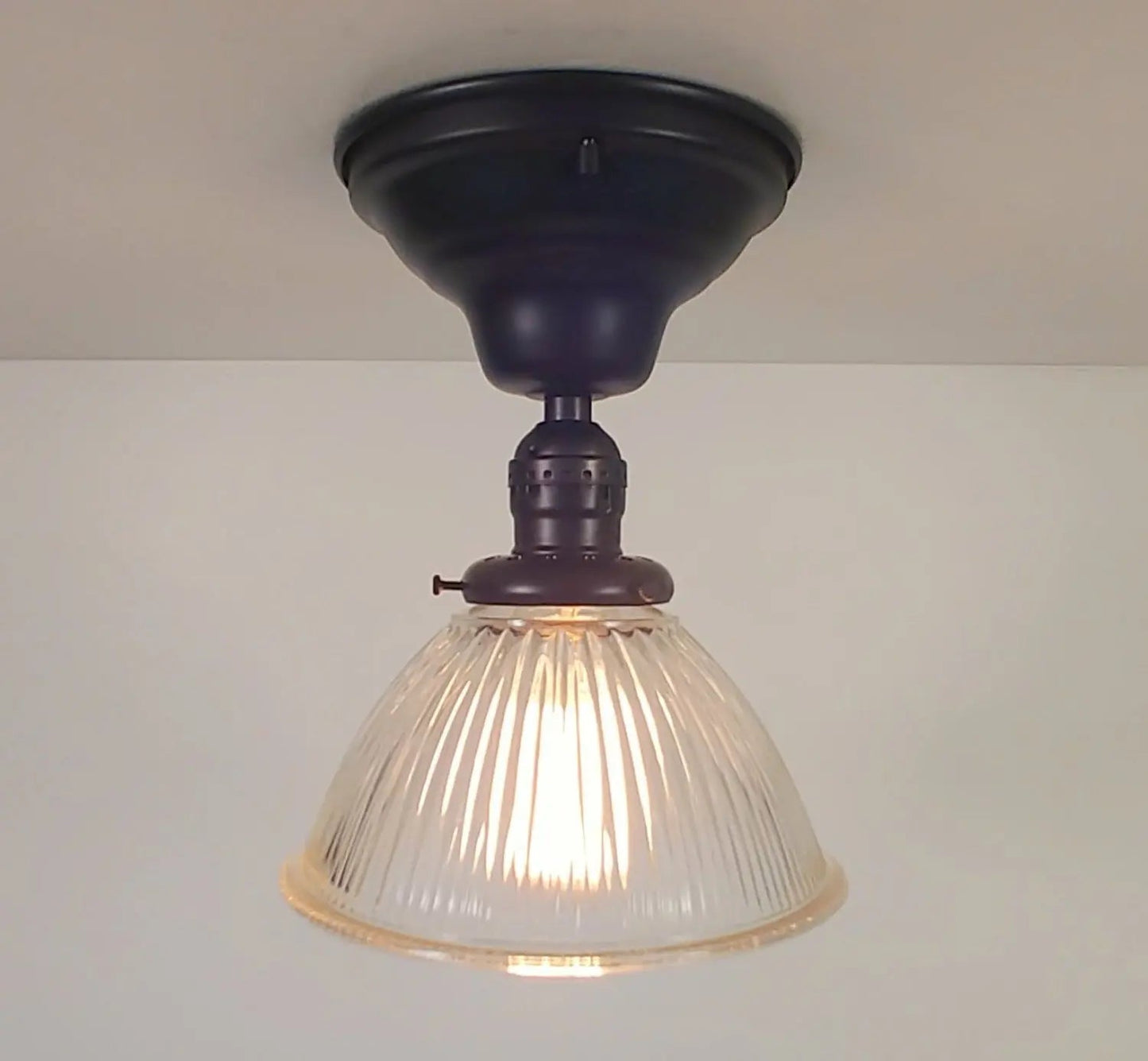 Vintage Factory Holophane Glass With Exposed Socket Light