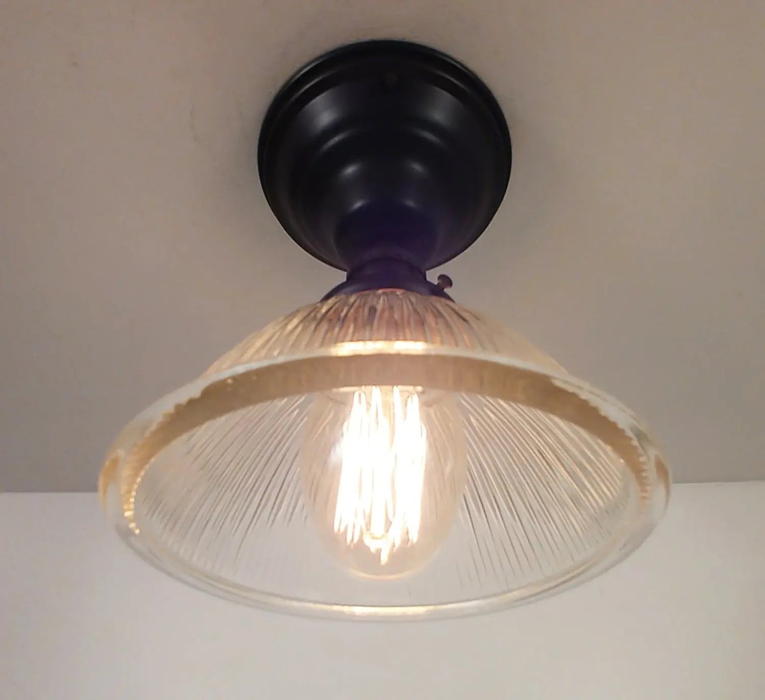 Vintage Factory Holophane Glass With Exposed Socket Light