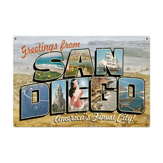 San Diego Postcard Vintage Sign, Home & Garden, Metal Sign, Wall Art, 36 X 24 Inches
